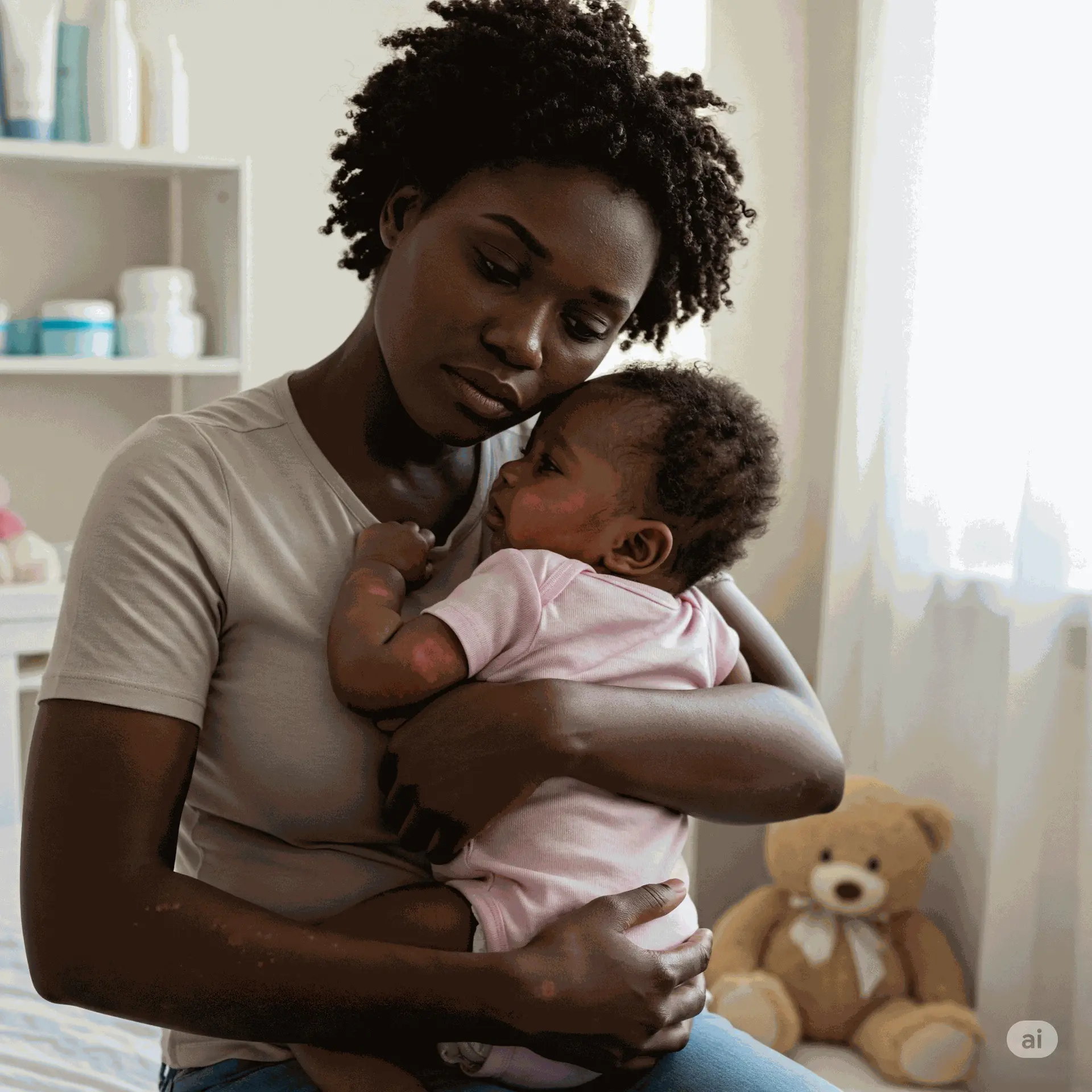 Warm-toned photo depicting a mother's love and the struggle to soothe her baby's eczema.